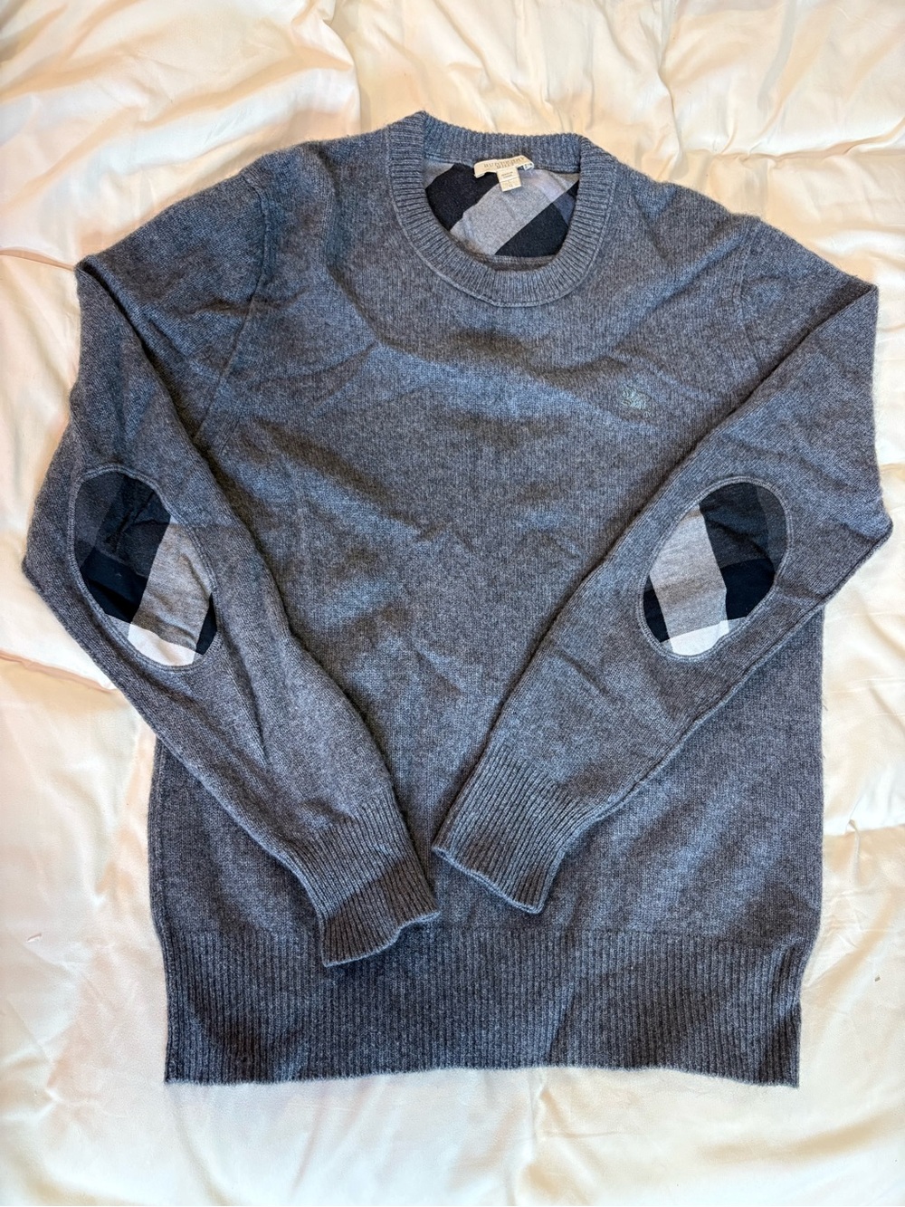 Burberry Brit Men’s L 100% Cashmere Sweater Gray Check Elbow Patch